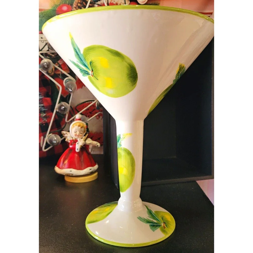Unique Baum Bros Style-Eyes Hand Painted Large Martini Glass Apple Motif